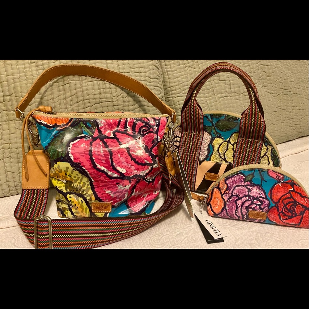 Consuela handbags. Rosie Wedge, travel bag & medium cosmetic. Very gently used!
